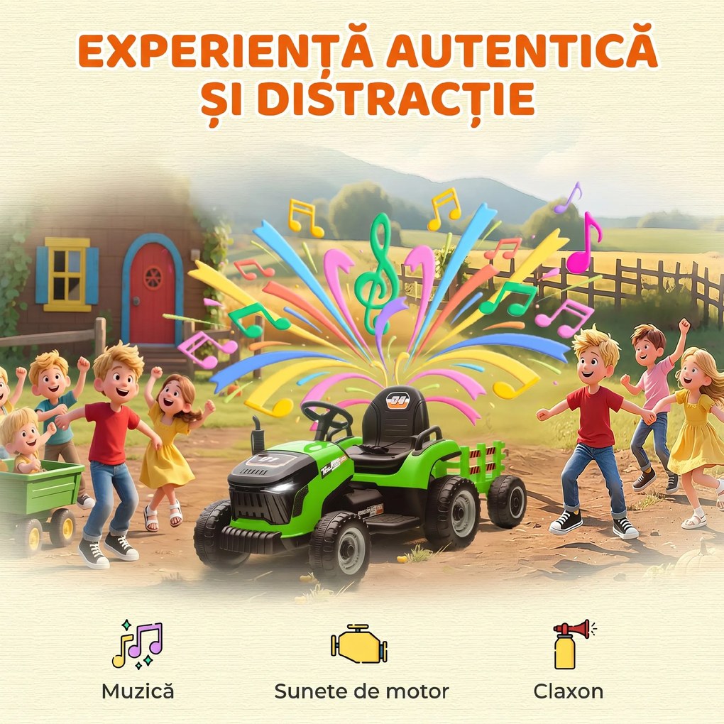 AIYAPLAY Tractor Electric 2 în 1 pentru Copii 3-8 Ani 12V cu Remorcă Detașabilă, Mașină Electrică pentru Copii cu Telecomandă, Centură de Siguranță, Muzică, Lumini LED și Claxon, Verde | Aosom Romania