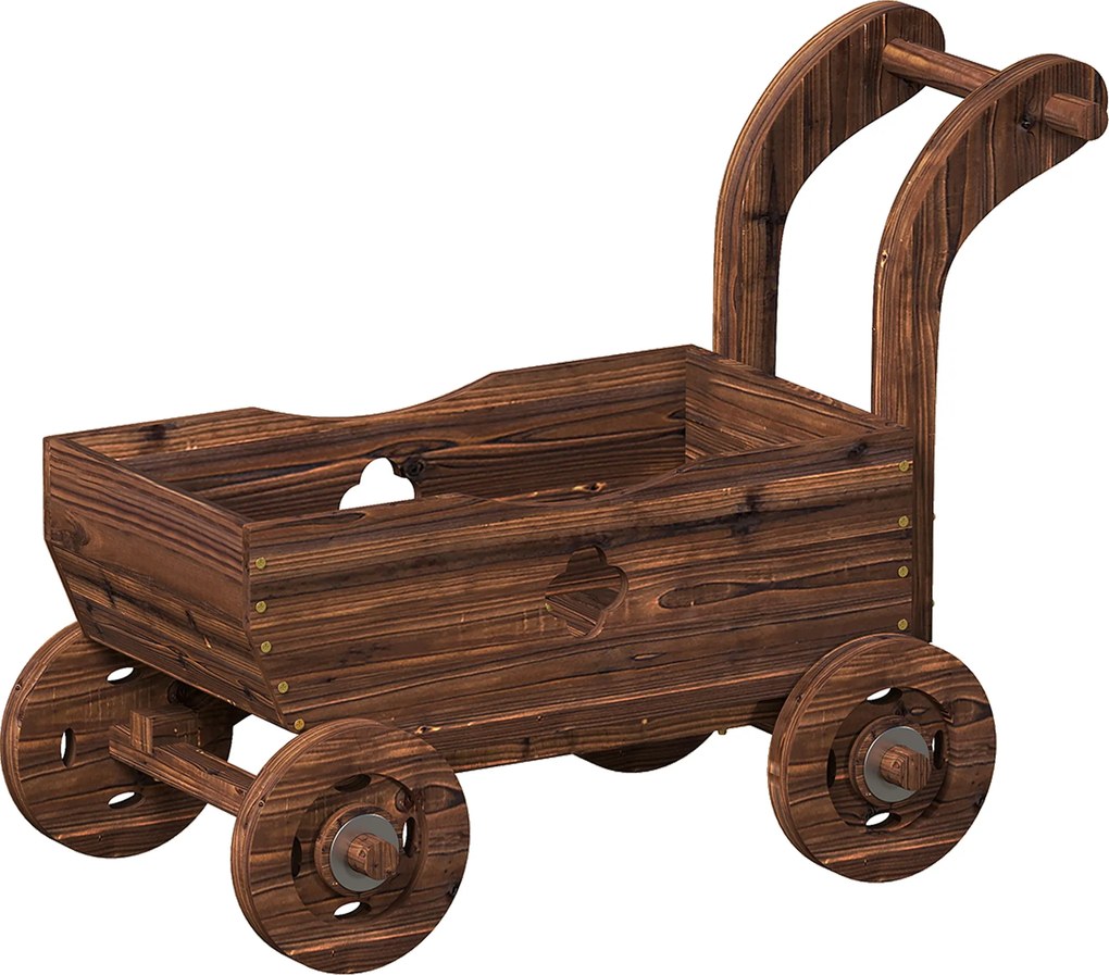 Outsunny Strat Înălțat pentru Grădină în Formă de Cărucior cu 4 Roți și Mâner, Ghiveci din Lemn de Molid cu Găuri de Drenaj, pentru Balcon, Terasă, 68x38x52 cm, Finisaj Carbonizat | Aosom Romania