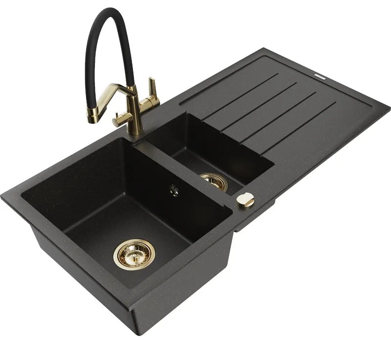 Mexen Andres chiuvetă din granit 1,5 boluri cu picurător și baterie de bucătărie Duo, negru/auriu metalic - 6515-75-671701-57-G