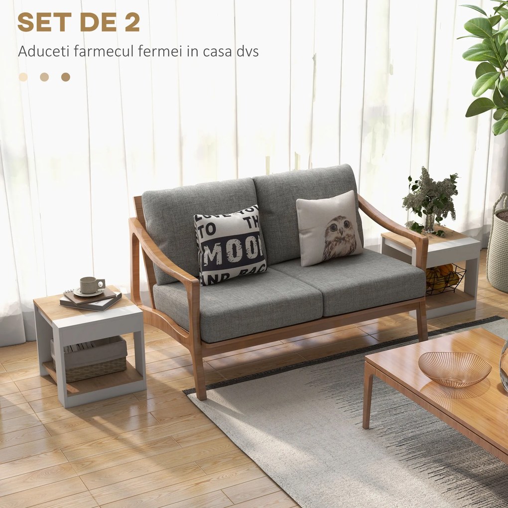Set de 2 Masute pentru Living cu Design pe Doua Niveluri din PAL, 40x40x45cm, Alb si Stejar HOMCOM | Aosom Romania