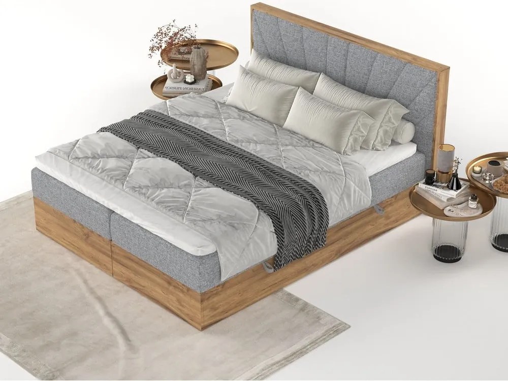 Pat boxspring gri/în culoare naturală cu spațiu de depozitare 200x200 cm Asahi – Maison de Rêve