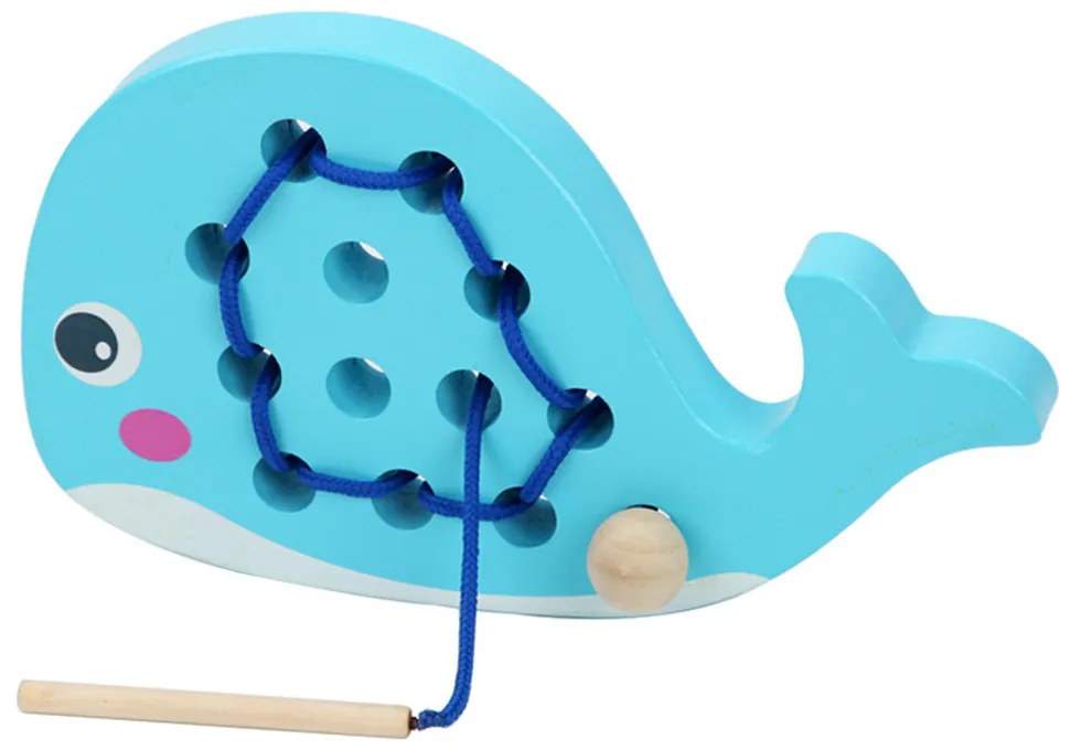 Jucărie din lemn în formă de balenă cu șireturi
