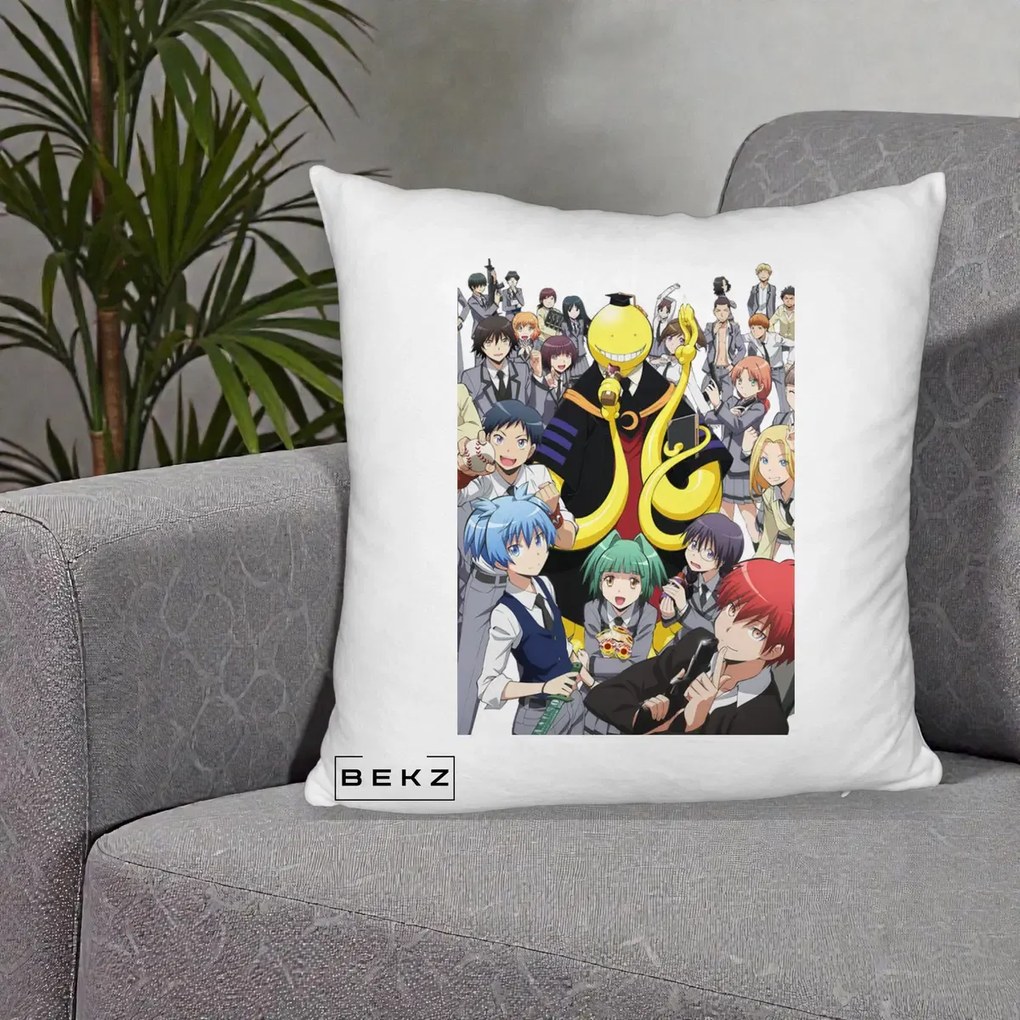 Perna Personalizata Assassination Classroom Grup Complet Anime, 40x40 cm, Alb Pufos, Husa Detasabila, Perna Inclusa, BEKZ®