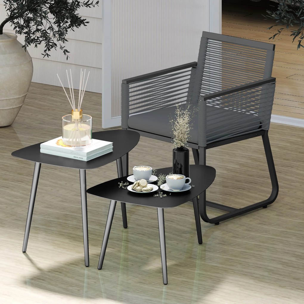 Outsunny Set 2 măsuțe de cafea, rezistent la intemperii, masă pentru balcon din oțel, măsuță laterală cu design geometric Negru | Aosom Romania