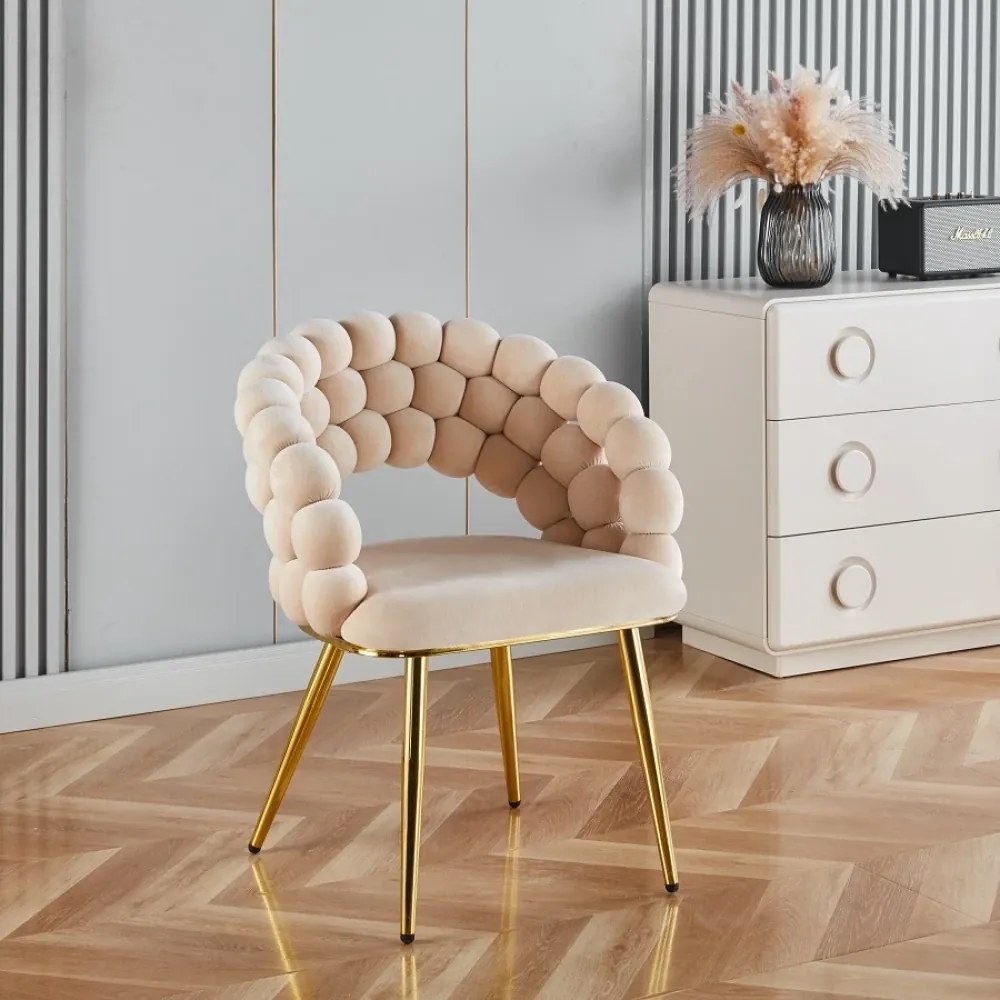 RESIGILAT- Scaun dining, tapiterie catifea, cadru metalic auriu, Bej