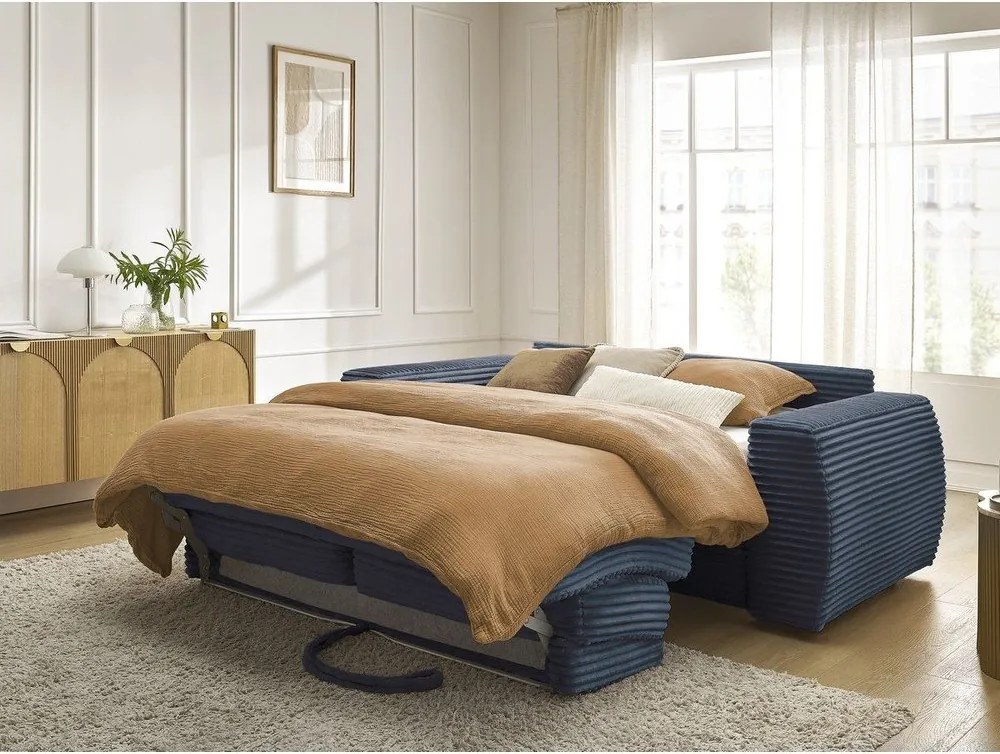 Canapea albastru-închis pentru dormitul zilnic/extensibilă cu tapițerie din catifea reiată 240 cm Hugo – Bobochic Paris