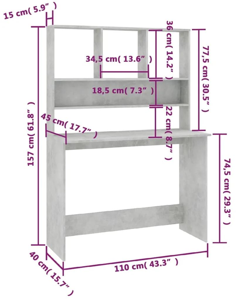 Birou cu rafturi, gri beton, 110x45x157 cm, PAL Gri beton