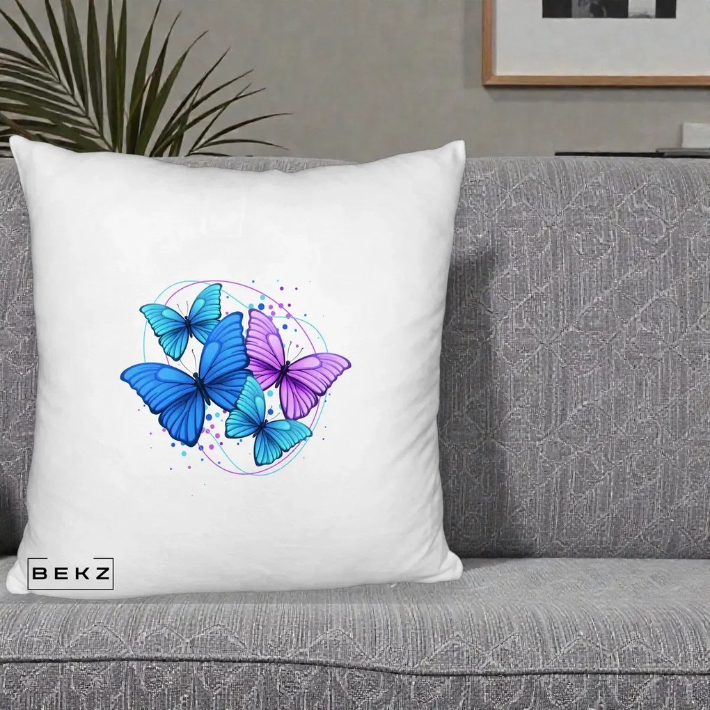 Perna Decorativa Patru Fluturi Turcoaz-Violet, 40x40 cm, Alb Pufos, Husa Detasabila, Perna Inclusa, BEKZ®