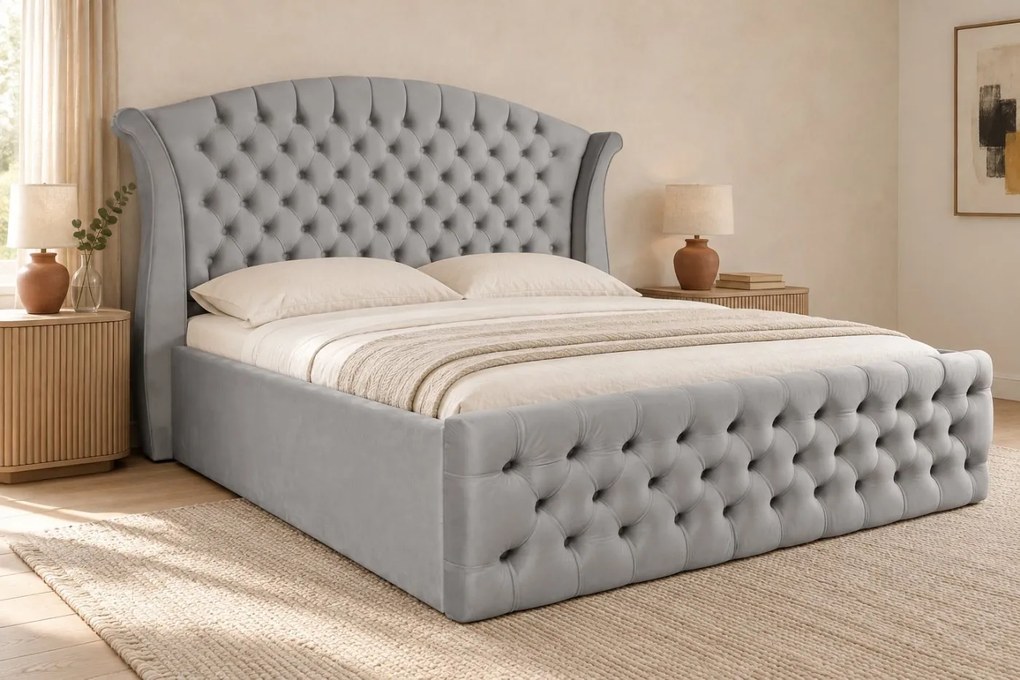Pat tapițat Chesterfield din catifea Sorella Simple 160×200 cm, gri deschis, cu ladă de depozitare