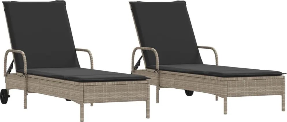 vidaXL Șezlonguri de plajă cu perne, 2 buc., gri deschis, poliratan