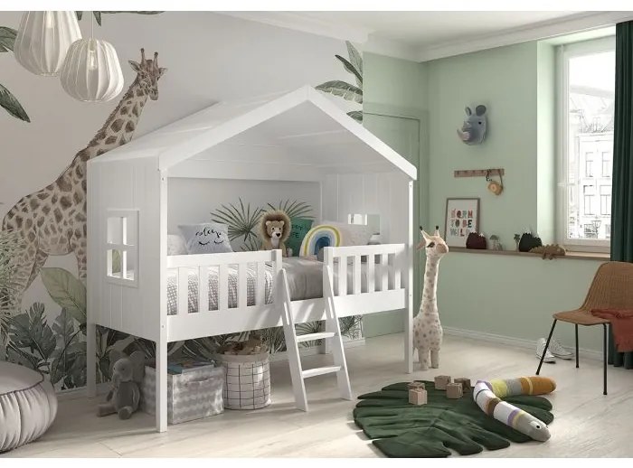 Pat Căsuță Housebed 90x200 cm cu Scară, pentru Copii, Alb – Vipack