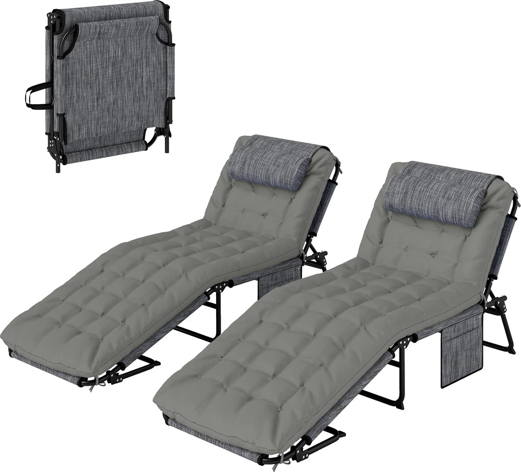 Outsunny Set de 2 șezlonguri pliabile cu spătar reglabil 4 poziții - pernă pentru cap și saltea groasă | Aosom Romania