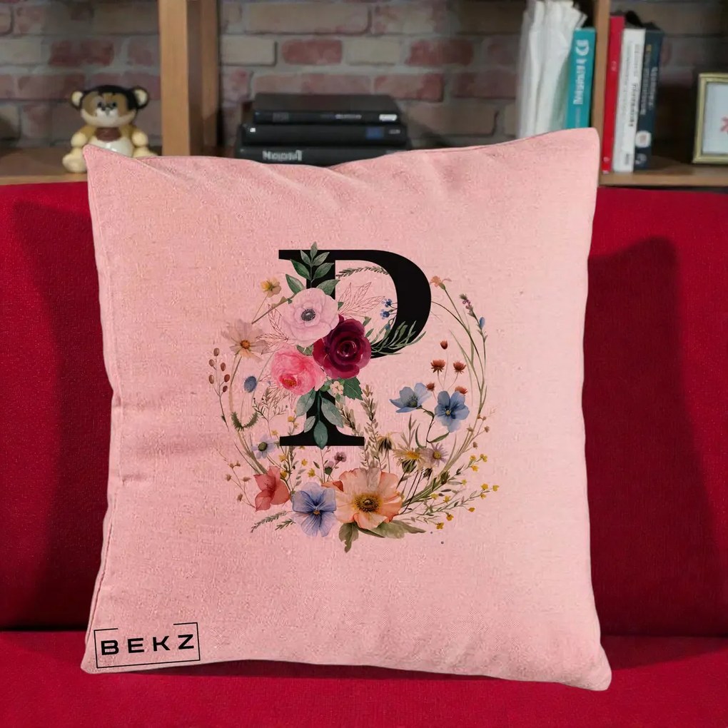 Cadou Personalizat - Perna Personalizata Monogram Litera P cu Flori Acuarela, 40x40 cm, Roz, Husa Detasabila, Perna Inclusa, BEKZ®