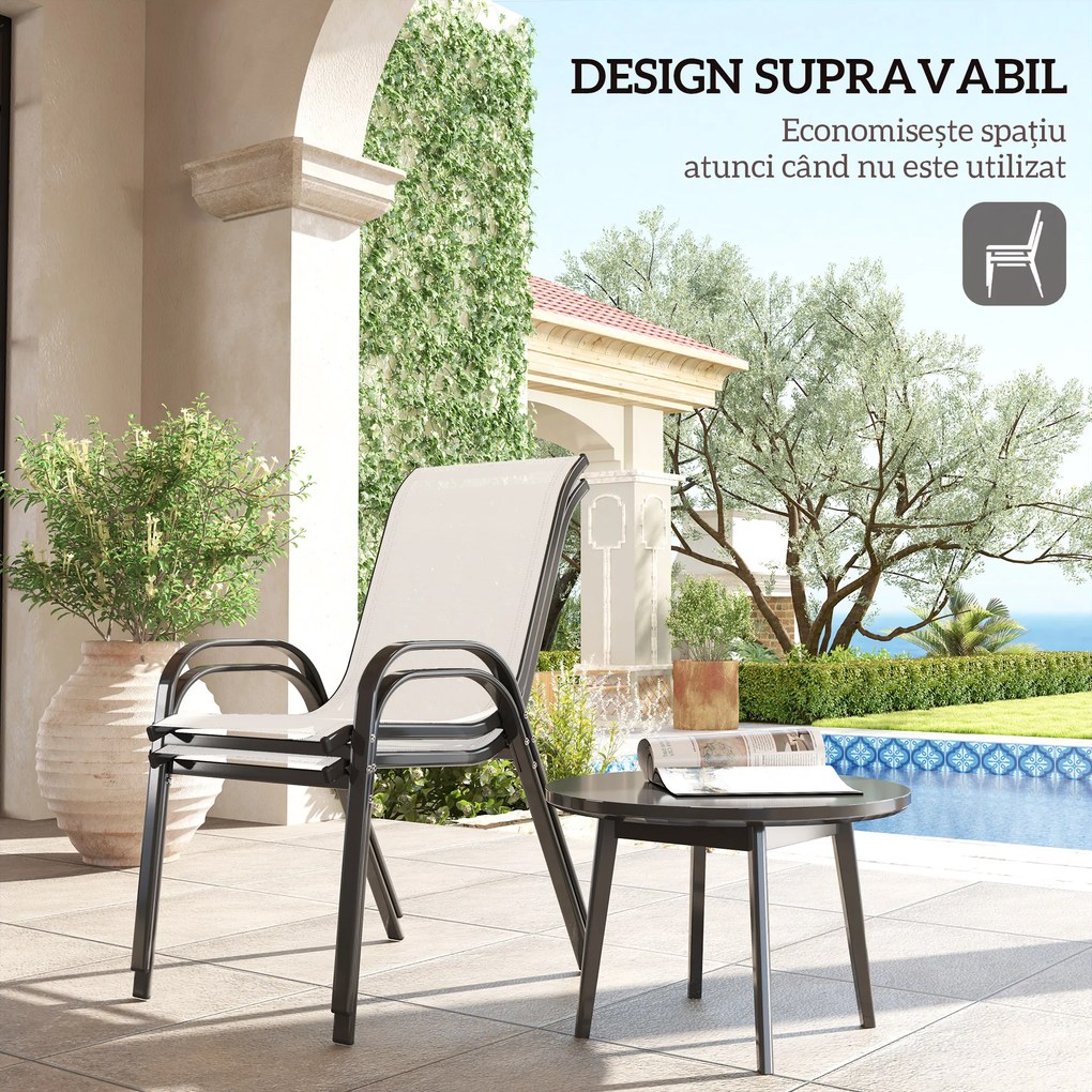 Outsunny Set de 2 Scaune de Exterior pentru Masă, Scaune Stivuibile cu Spătar Înalt, Șezut din Plasă Respirabilă pentru Grădină, Terasă, Gri Deschis | Aosom Romania