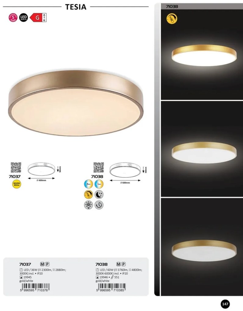 Plafoniera LED design slim Tesia auriu 40cm