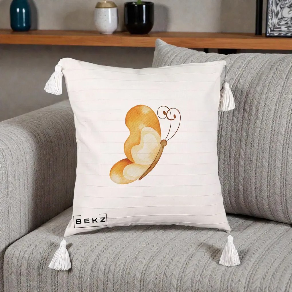 Perna Decorativa Fluture Acuarela Auriu, 40x40 cm, Bej cu Franjuri, Husa Detasabila, Perna Inclusa, BEKZ®