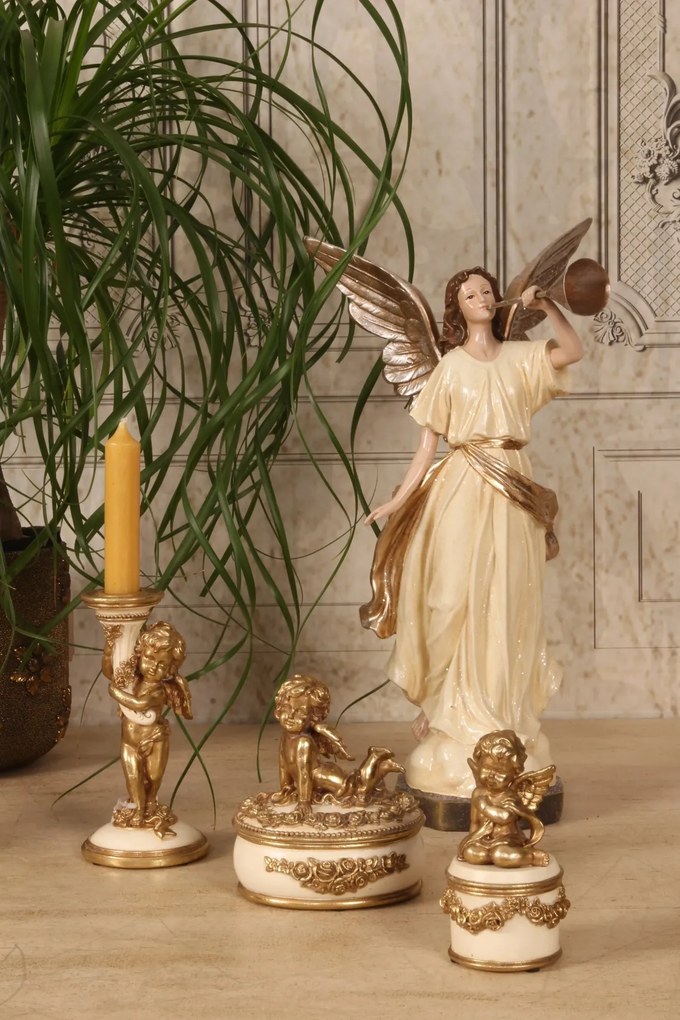 Statuetă decorativă din polirășină, crem, înger, detalii aurii, 40,5 x 21 x 16,5 cm, „Raphaël”