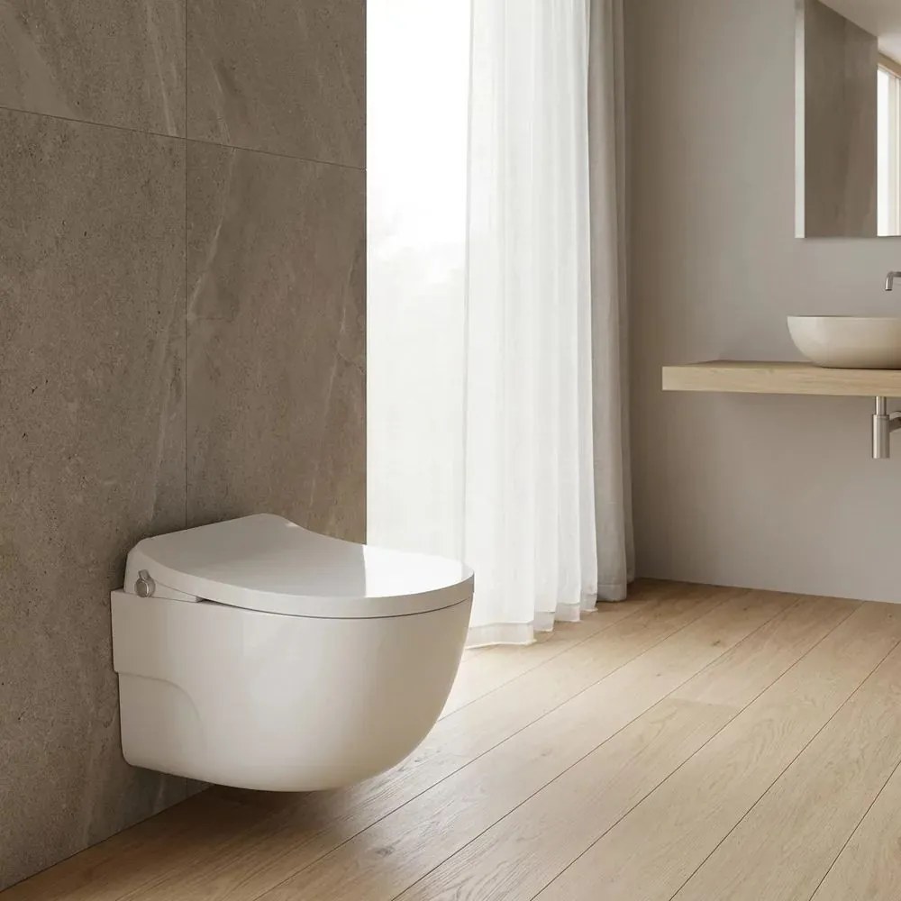 Set vas WC suspendat Rune Leif Smart Rimless alb si capac softclose cu functie de bideu
