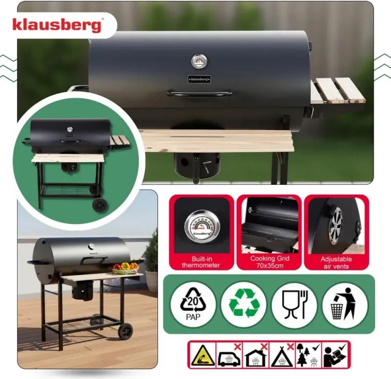 Gratar pe carbuni Klausberg KB 9033, Capac cu inchidere, Termometru, Suporturi laterale, Sertar pentru cenusa, Roti, Otel, Negru