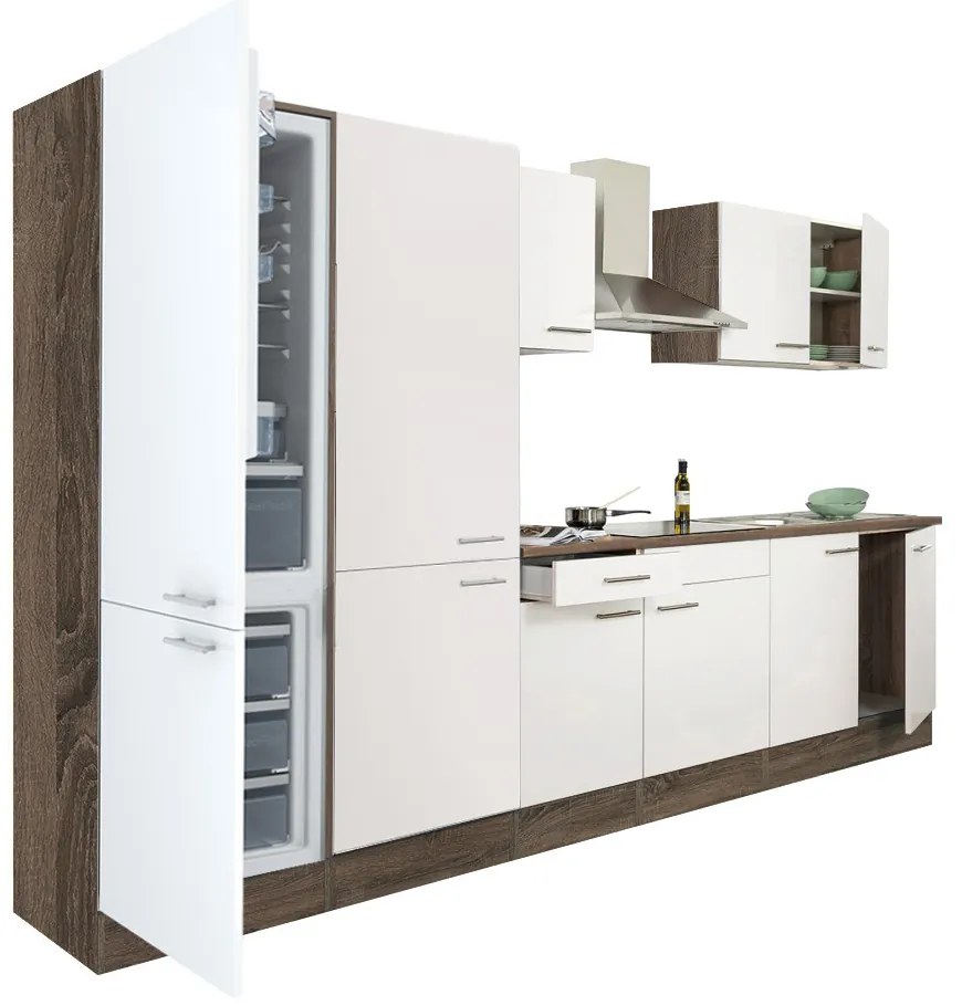 Mobilă de bucătărie Yorki 330, corp din stejar Yorki, față alb satinat, dulap cu rafturi și frigider congelator inferior