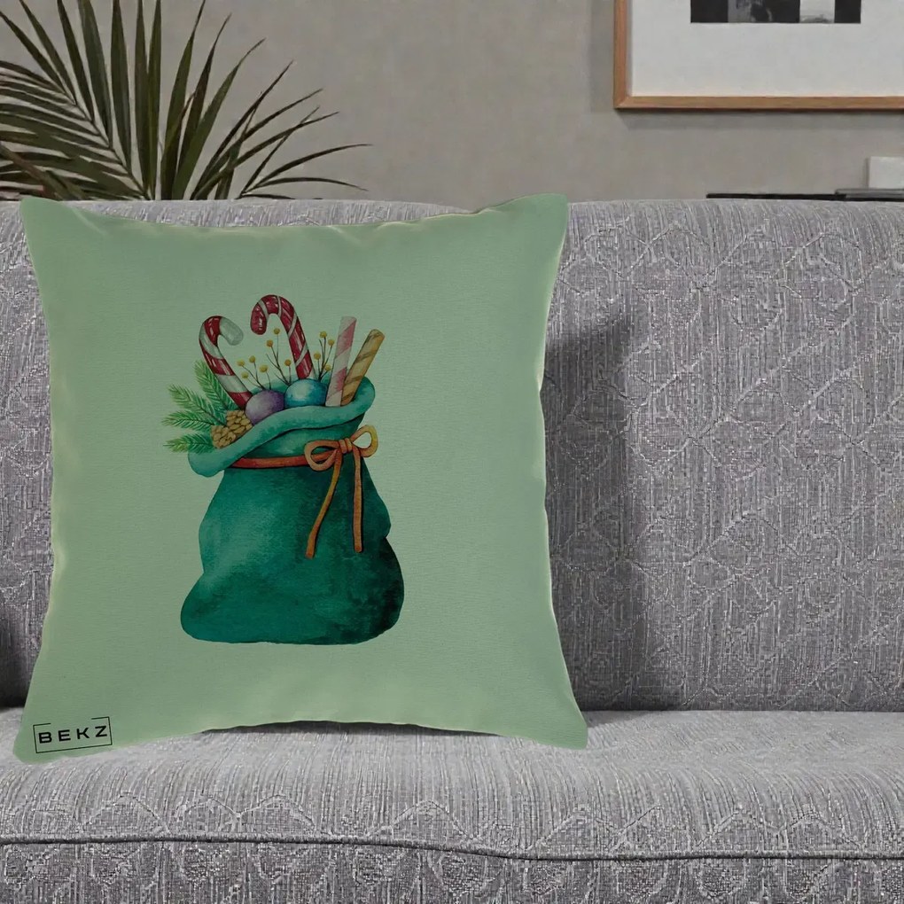 Perna Decorativa Saculet Cadouri Mos Craciun Acuarela Verde, 40x40 cm, Verde, Husa Detasabila, Perna Inclusa, BEKZ®