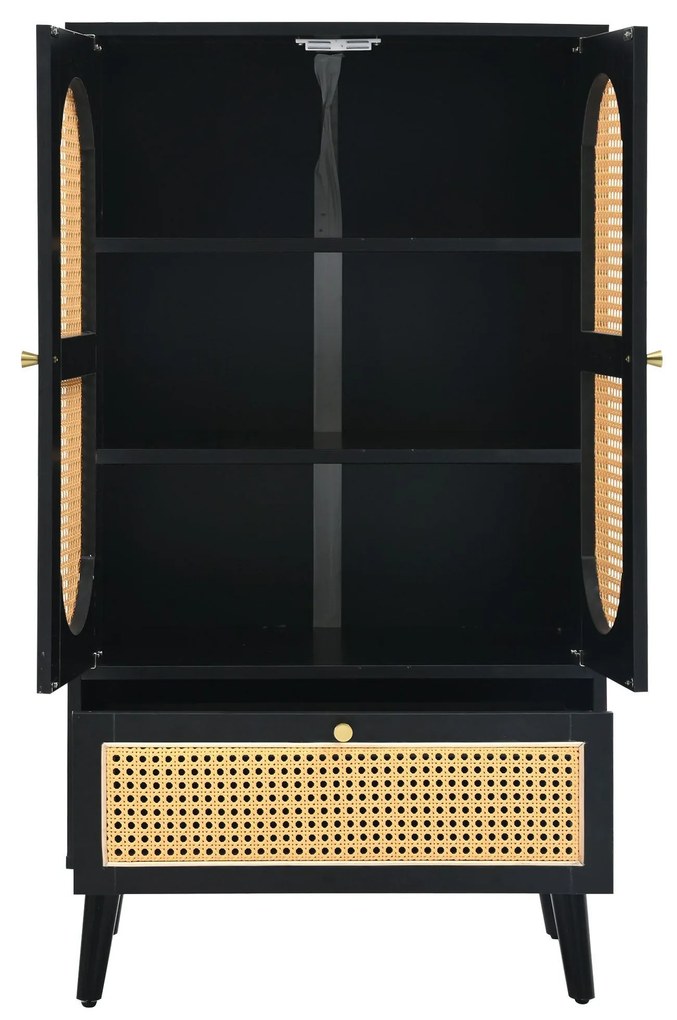 Comodă compactă, design din ratan, 2 uși, 1 sertar, 60×40×110,5 cm, Negru