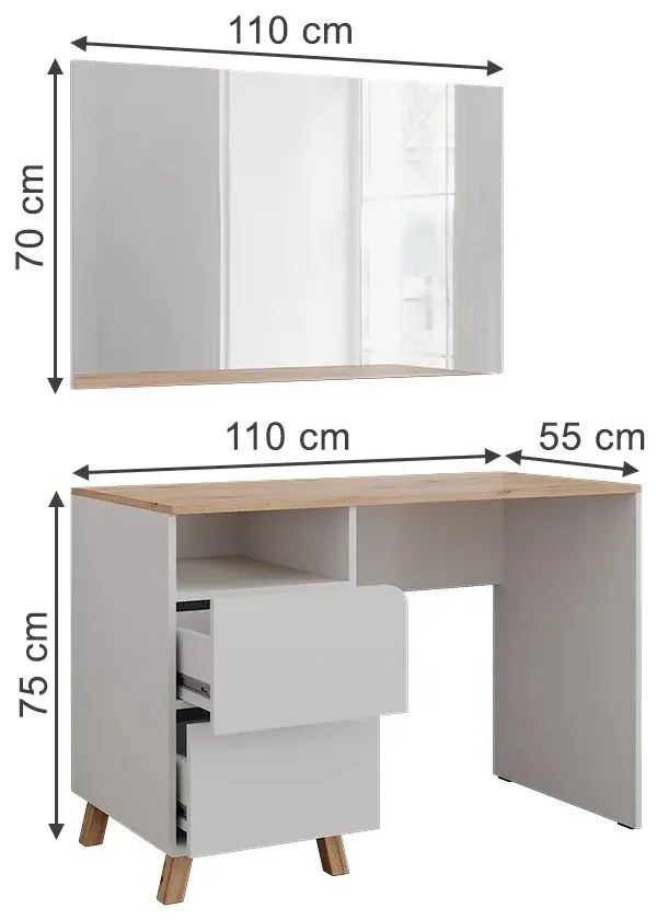SEA913 - Set masă toaletă 110 cm pentru machiaj cu oglindă LED, opțiune cu sau fără scaun – Design modern și funcțional - Alb - Culoarea Stejar