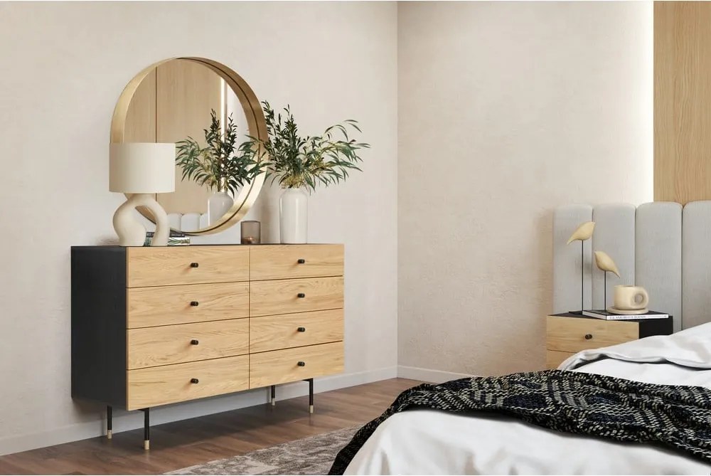 Comodă neagră/în culoare naturală joasă cu aspect de lemn de stejar 130x87 cm Jugend – Woodman