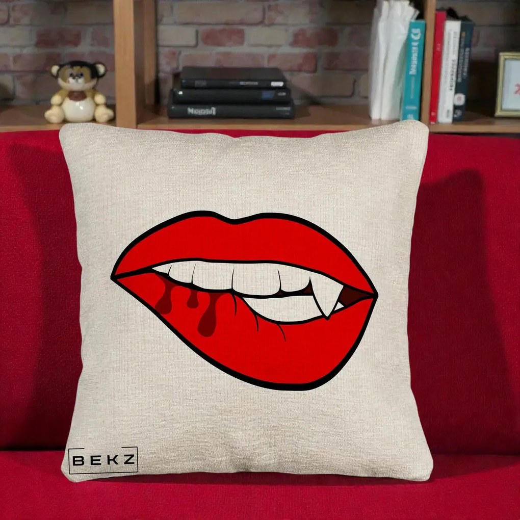 Perna Decorativa Vampire Lips Halloween, 40x40 cm, Bej Canapea, Husa Detasabila, Perna Inclusa, BEKZ®