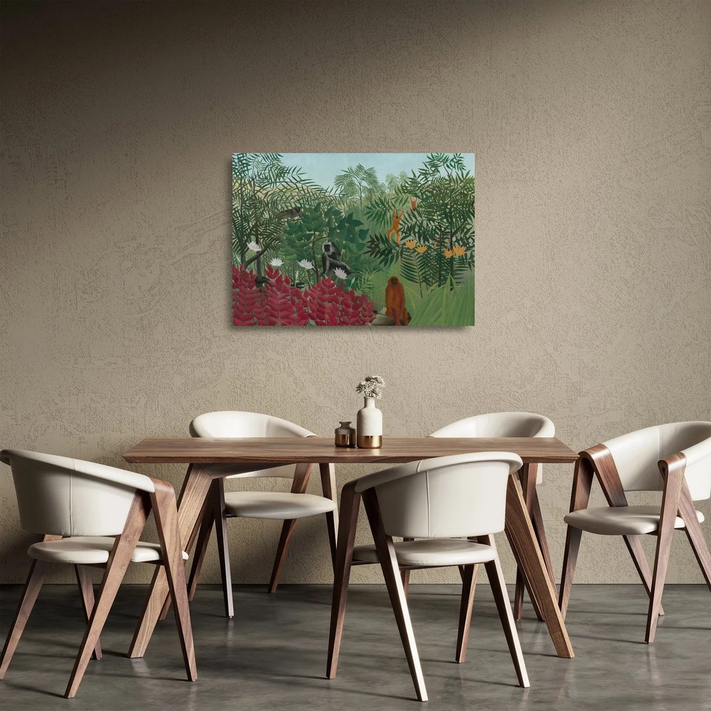 Tablou pe sticlă - Henri Rousseau, Tropical Forest with Monkeys, reproducere (70x50 cm)