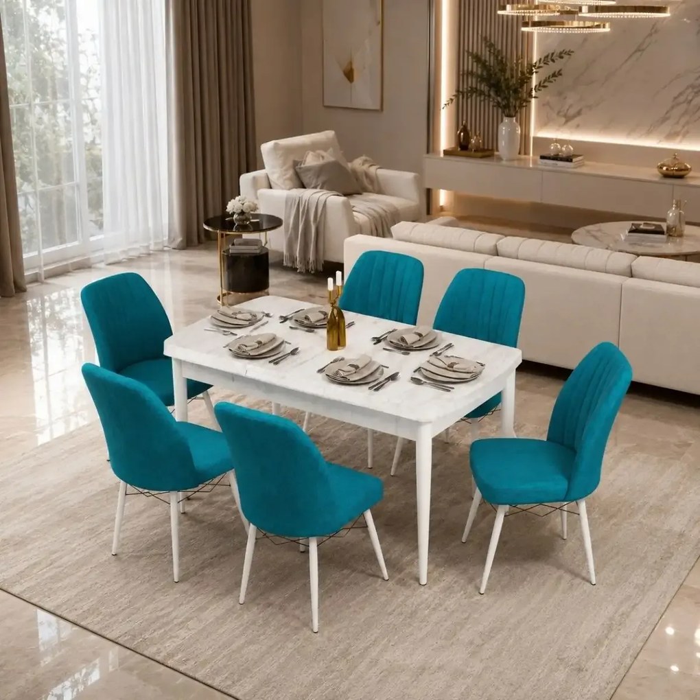 Set masa extensibila cu 6 scaune tapitate Homs cargold 250-30355,turcoaz, 170 x 80 cm