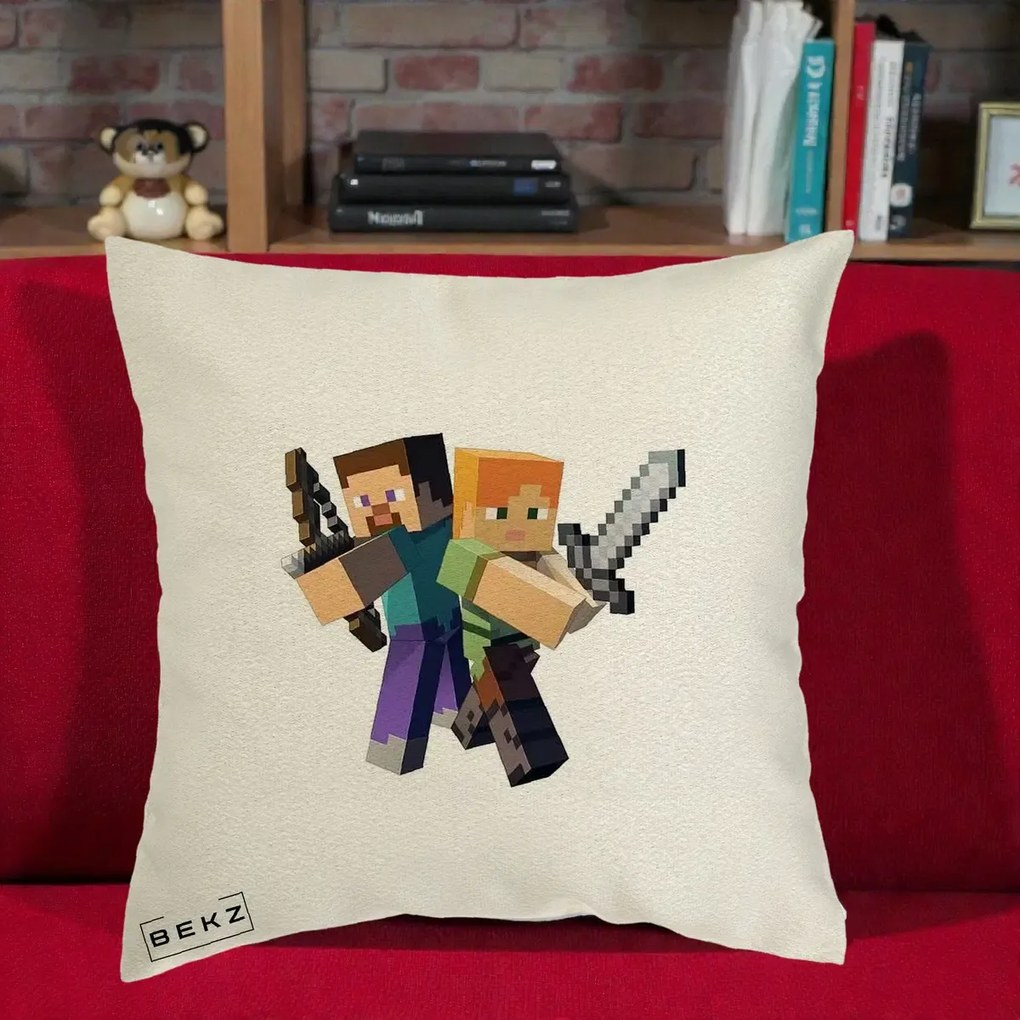 Perna Personalizata Minecraft Steve si Alex, 40x40 cm, Ecru, Husa Detasabila, Perna Inclusa, BEKZ®