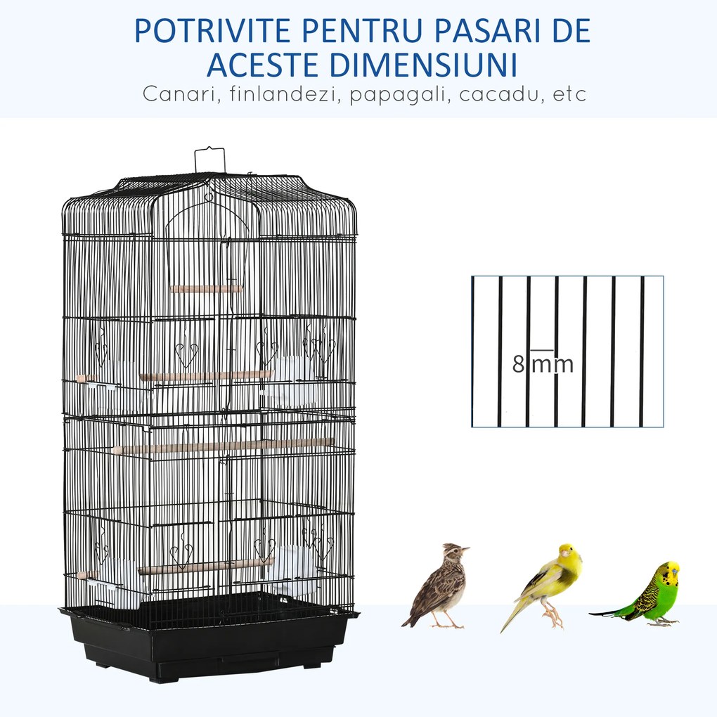 PawHut Colivie pentru Papagali cu Stinghii, Leagan și Boluri, Volieră din Metal și Plastic, 46.5x35.5x92 cm, Negru | Aosom Romania