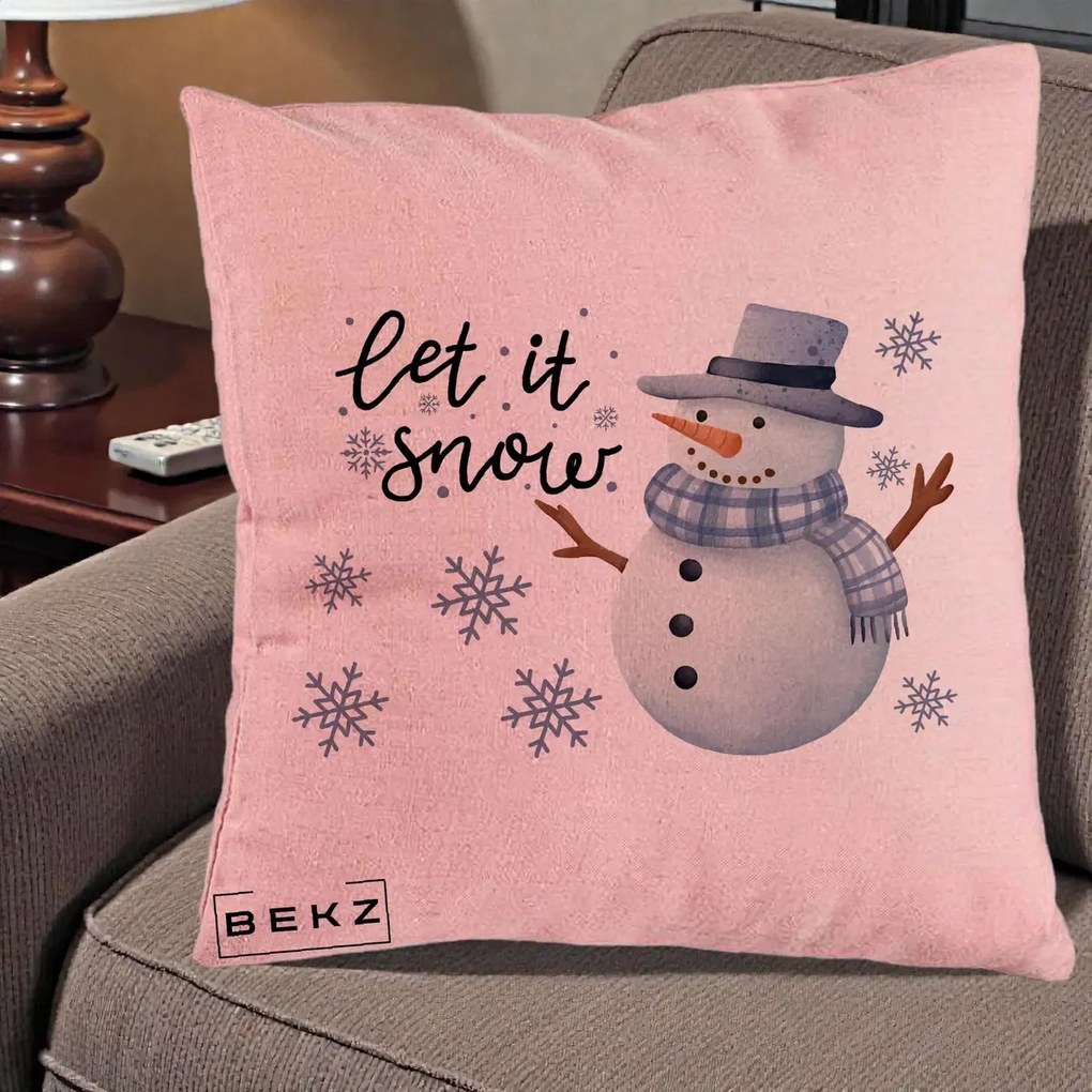 Perna Decorativa Let It Snow Om de Zapada, 40x40 cm, Roz, Husa Detasabila, Perna Inclusa, BEKZ®