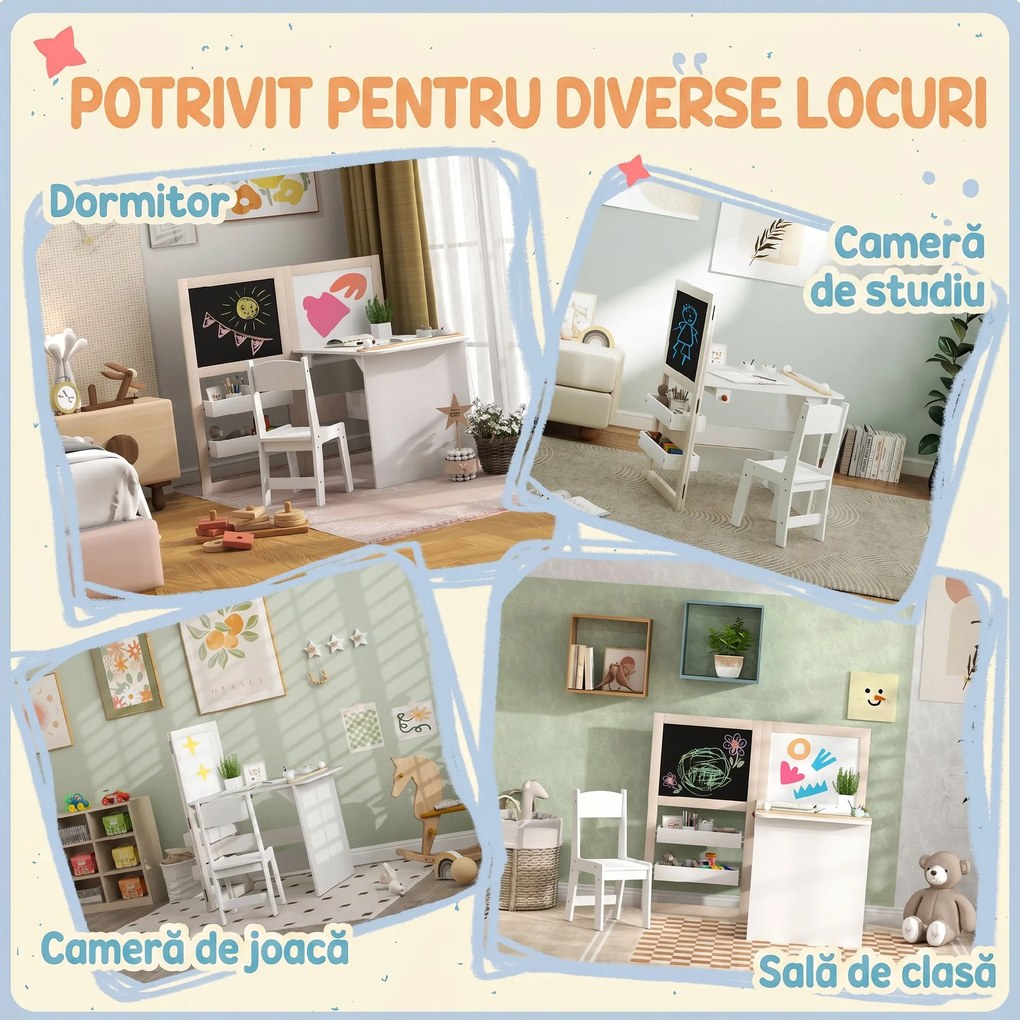AIYAPLAY Set Masă și Scaun pentru Copii 3-8 Ani cu Tablă Neagră, Tablă Albă, Containere și Rulou de Hârtie, Alb | Aosom Romania