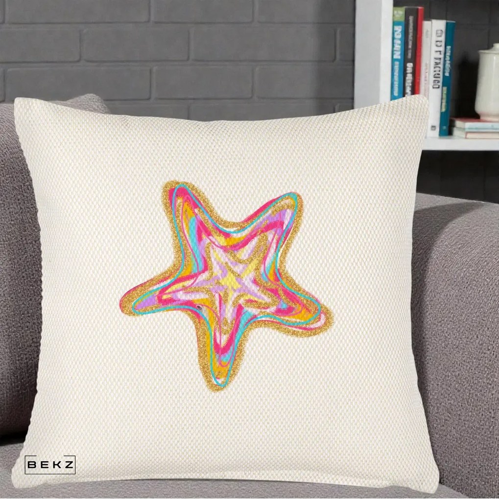 Perna Decorativa Stea de Mare Neon Curcubeu, 40x40 cm, Crem Reliefat, Husa Detasabila, Perna Inclusa, BEKZ®