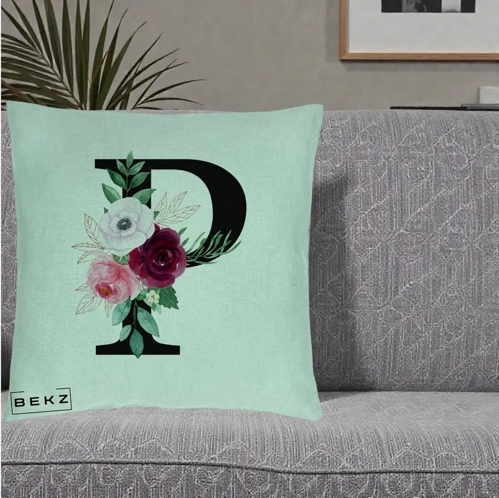 Cadou Personalizat - Perna Personalizata Monograma Florala Litera P, 40x40 cm, Verde Menta, Husa Detasabila, Perna Inclusa, BEKZ®