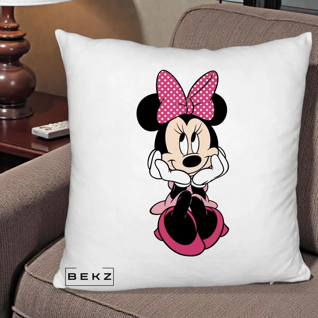 Perna Personalizata Minnie Mouse cu Fundita, 40x40 cm, Alb Pufos, Husa Detasabila, Perna Inclusa, BEKZ®