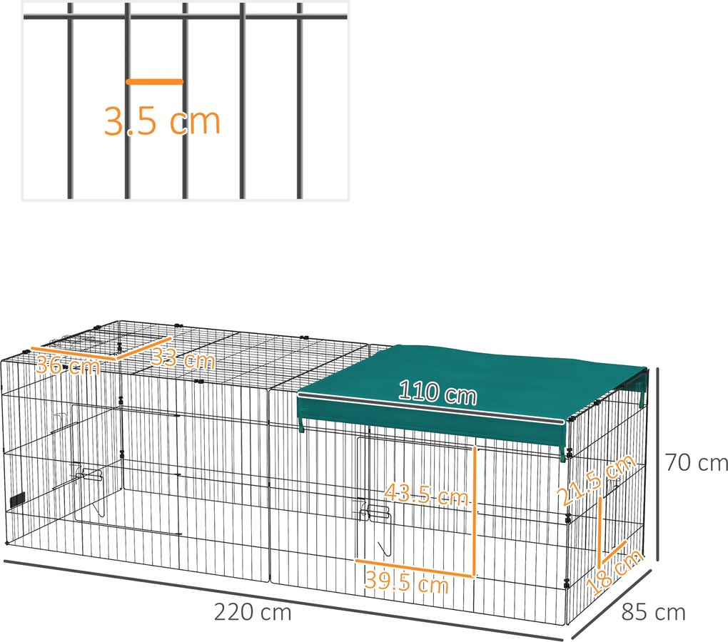 PawHut Tarc Exterior pentru Animale Mici, Spațiu pentru Pui, Iepuri, Chinchilla, cu Acoperiș, 220x85x70 cm, Verde | Aosom Romania
