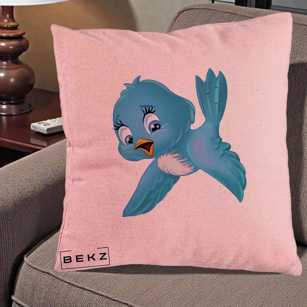 Perna Decorativa Pui de Pasare Albastru, 40x40 cm, Roz, Husa Detasabila, Perna Inclusa, BEKZ®