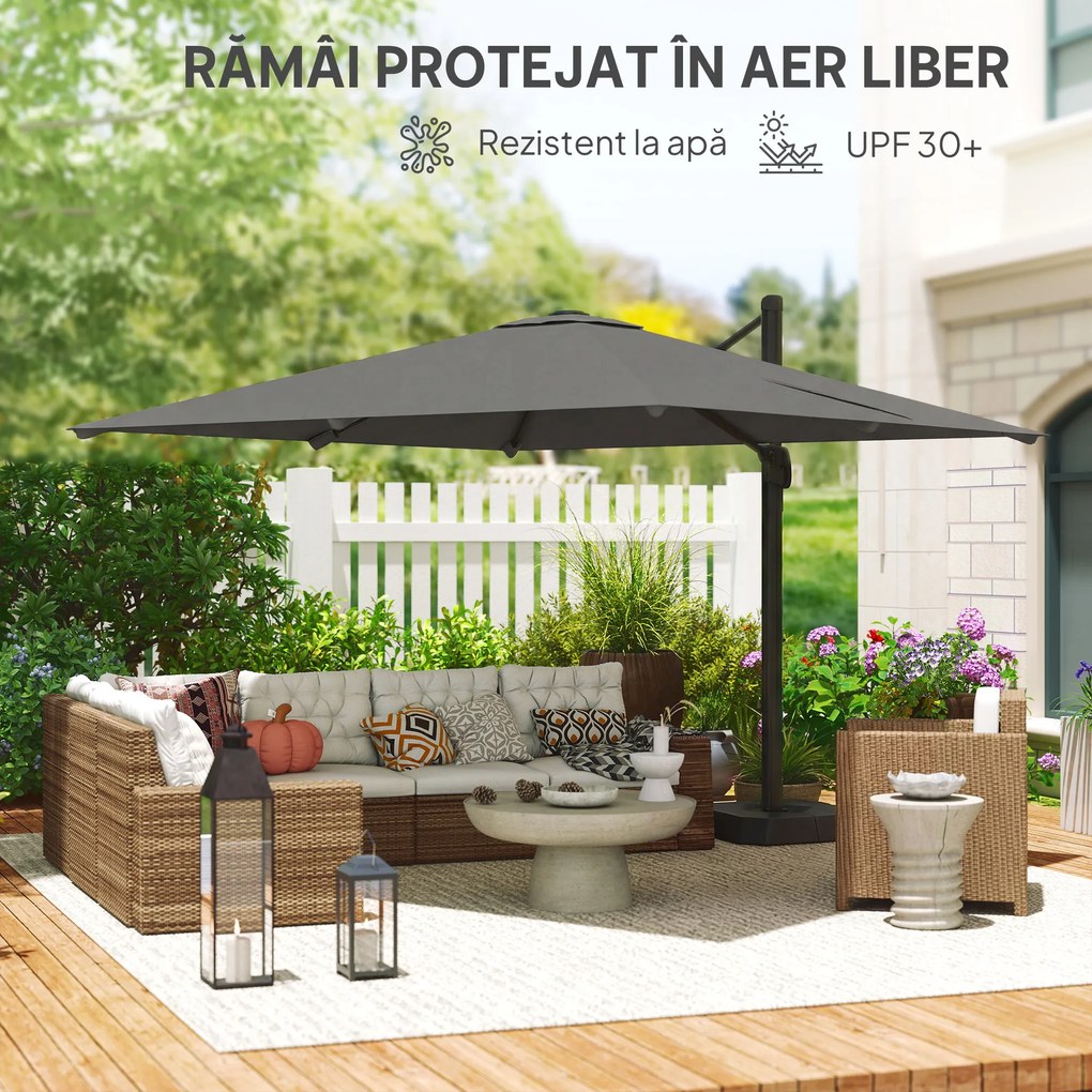 Outsunny Umbrelă Decentralizată de Grădină cu Manivelă 3x3m și Bază cu Greutăți Umplibile, Umbrelă de Exterior Pătrată Inclinabilă și Rotativă 360°, din Aluminiu pentru Terasă sau Piscină, UV30+, Gri Închis | Aosom Romania
