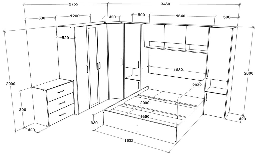 Set haaus V6, Pat 200 x 160 cm, Stejar Alb/Antracit