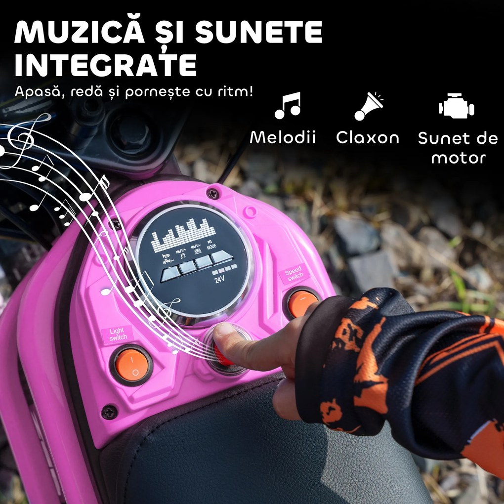 HOMCOM Motocicletă Electrică pentru Copii de 8-12 Ani cu Accelerație Manuală, și 2 Viteze, 119x64x76,5 cm, Roz | Aosom Romania