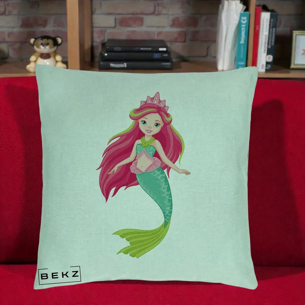 Perna Decorativa Sirena Roz cu Coroana, 40x40 cm, Verde Menta, Husa Detasabila, Perna Inclusa, BEKZ®