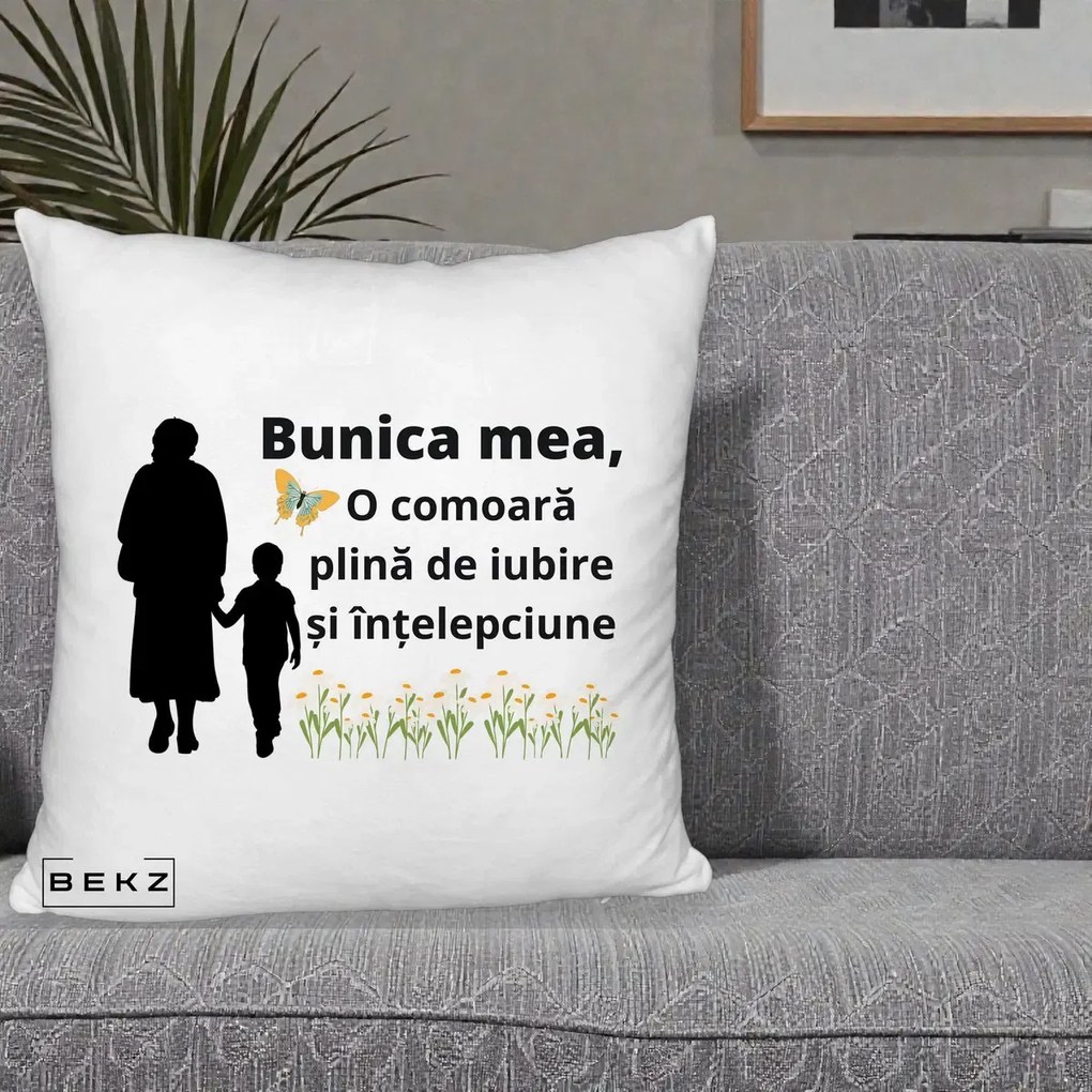 Cadou pentru Bunica - Perna Personalizata Bunica Mea Comoara cu Fluture si Baietel, 40x40 cm, Alb Pufos, Husa Detasabila, Perna Inclusa, BEKZ®