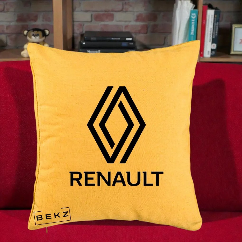 Perna Personalizata cu emblema Renault, 40x40 cm, Galben, Husa Detasabila, Perna Inclusa, BEKZ®
