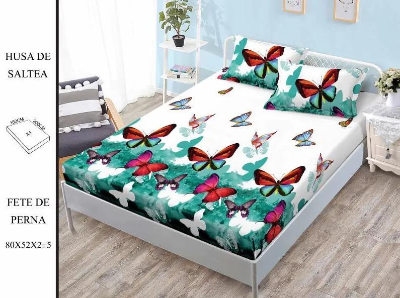 Husa de pat cu elastic 180x200 din Bumbac Finet + 2 Fete de Perna - Fluturi Turcoaz Rosii