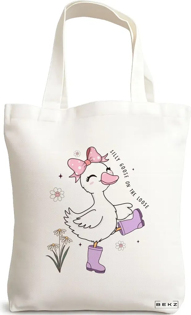 Sacosa de Panza pentru Cumparaturi, Geanta Tote, model Silly Goose 4, 38 x 34.5 cm, Alba, BEKZ®