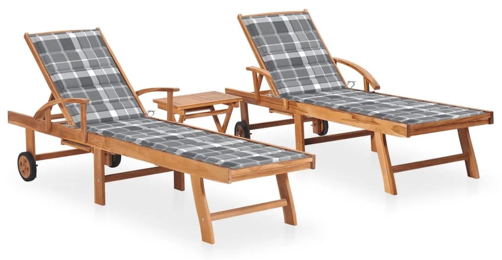 vidaXL Șezlonguri, 2 buc., cu masă și pernă, lemn masiv de tec