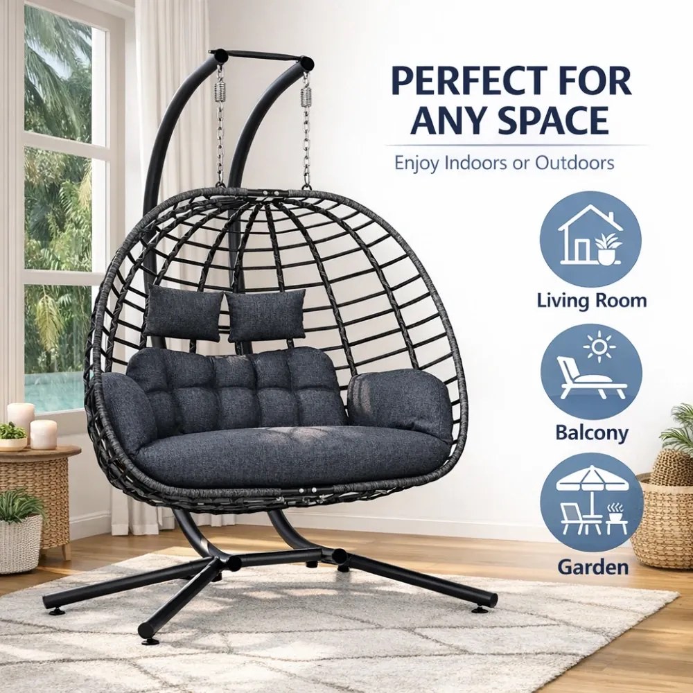 Fotoliu leagan dublu suspendat în formă de ou cu suport, hamac pentru terasă, balansoar pentru 2 persoane, cos pliabil, cu perne detasabile, pentru interior, gazon, grădină, Gri inchis